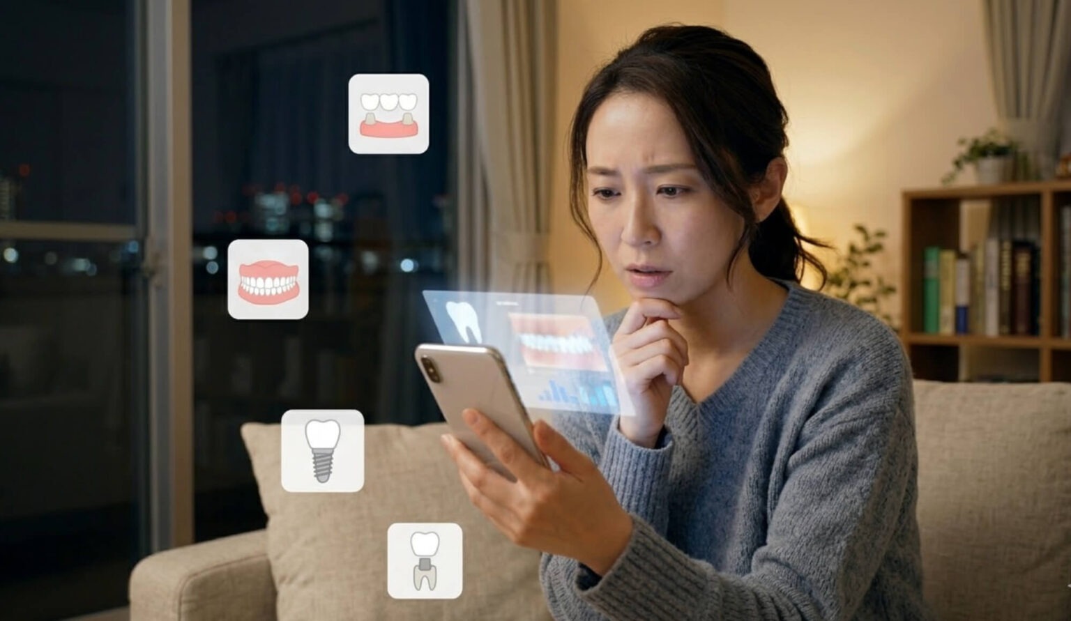 自宅のリビングで、スマートフォンから溢れる多様なインプラント情報の氾濫に対し、自分に最適な治療を見極めようとする日本人女性