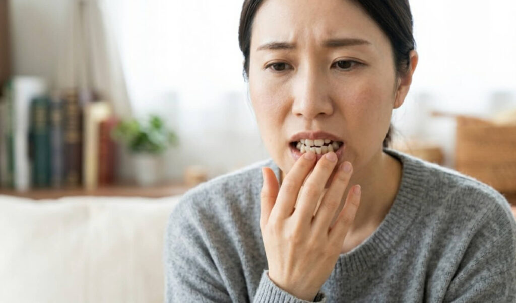 自分の歯並び（叢生）を気にして口元を手で隠す日本人女性の様子