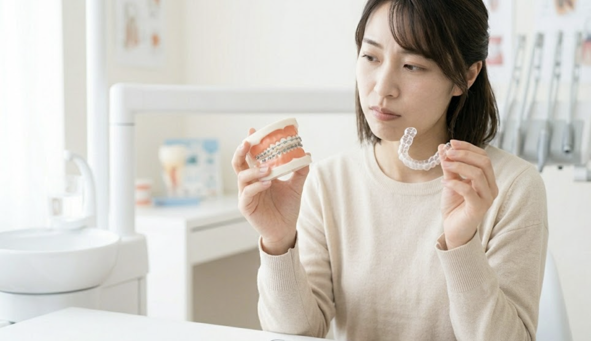 インビザラインのアライナーと、ワイヤー矯正の歯列模型を両手に持ち、治療方法を比べる日本人女性の様子
