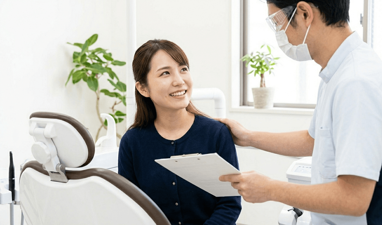 治療後に診療ユニットで晴れやかな笑顔を見せる日本人女性と歯科医の様子