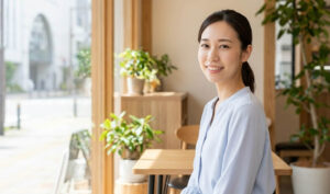 カフェでリラックスし、穏やかに微笑む日本人女性の様子