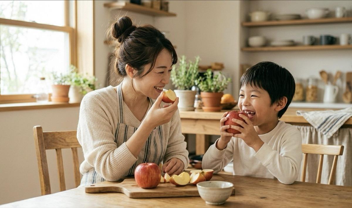 親子で噛みごたえのある果物を取り入れている様子