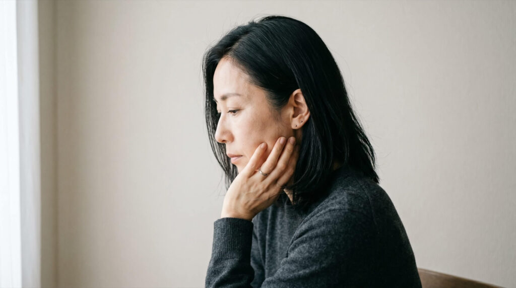 被せ物が外れて思案している女性の様子
