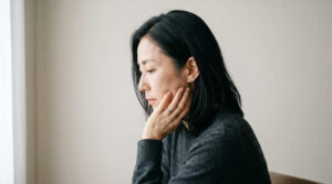 被せ物が外れて思案している女性の様子