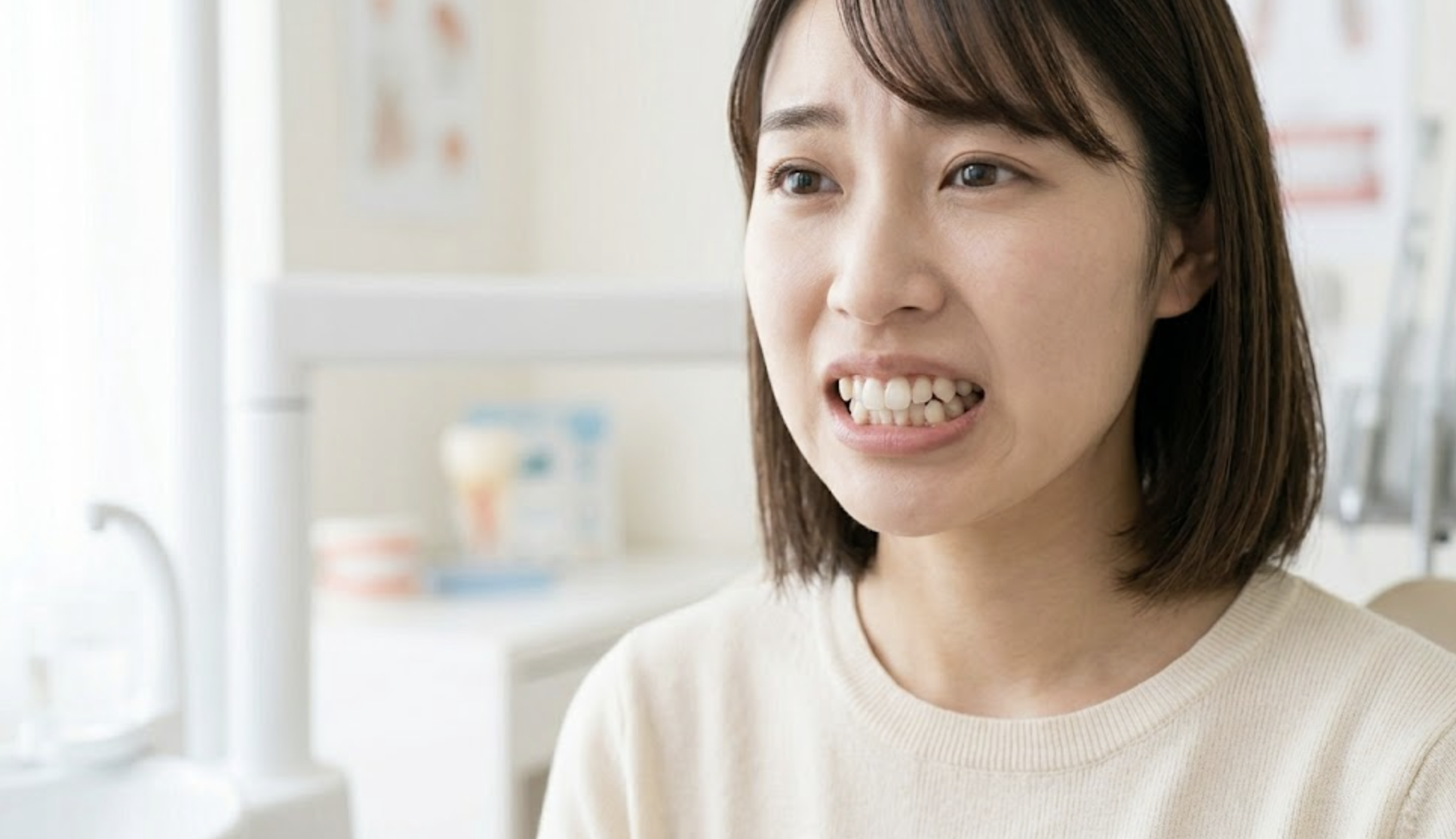 歯の重なりやねじれが原因でガタガタに見える、日本人女性の叢生の様子。