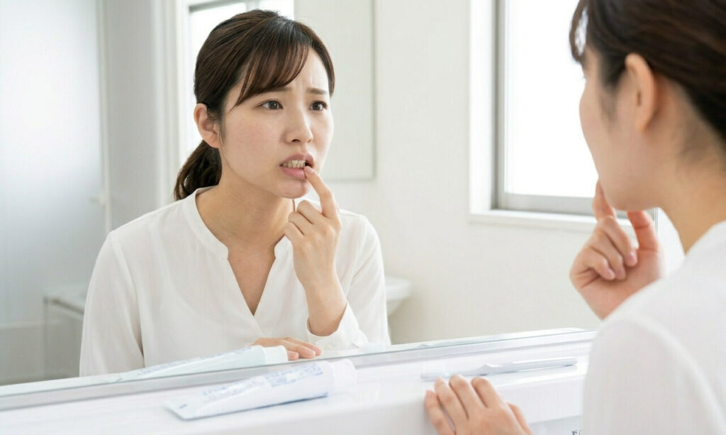 歯周病の進行を心配し、歯を気にする女性の様子