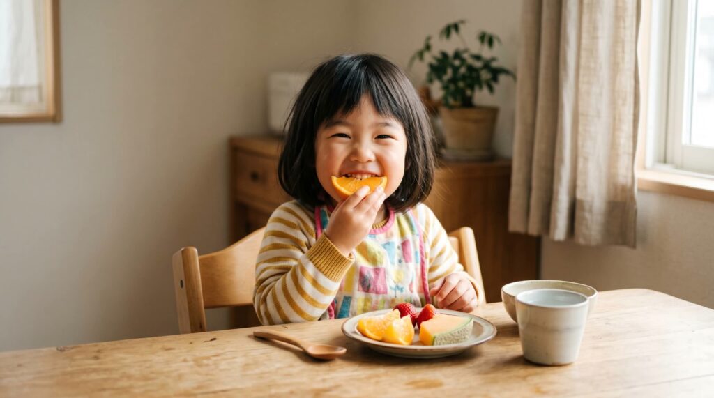間食に果物を楽しむお子さまの様子