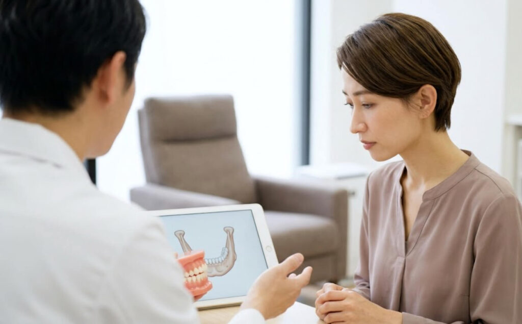 歯科医院のカウンセリングルームで、模型を前に歯科医師の説明を真剣に聞く日本人女性の様子