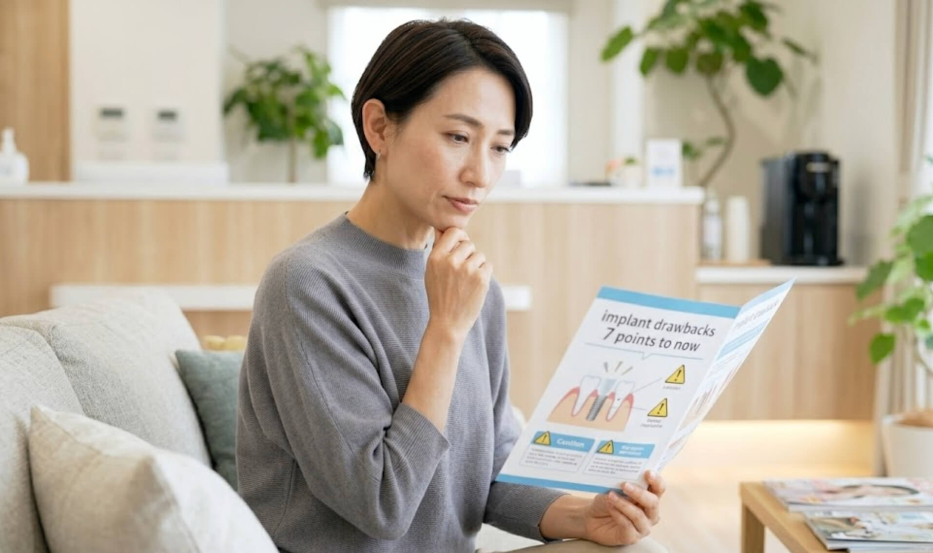 歯科クリニックの待合室で、インプラントのデメリットに関するパンフレットを真剣に読む日本人女性の様子