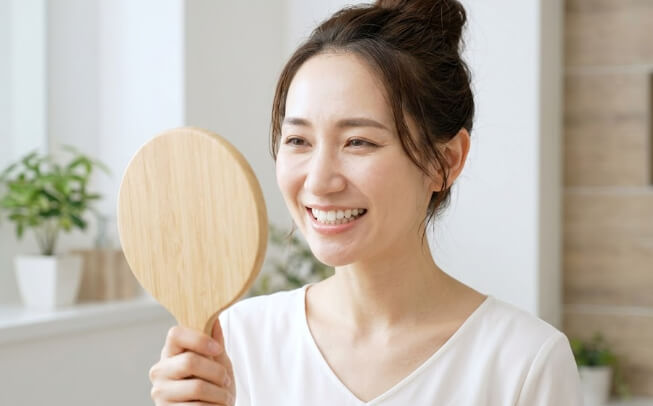 定期検診により健康で白い歯を保ち、鏡を見て笑顔になる日本人女性