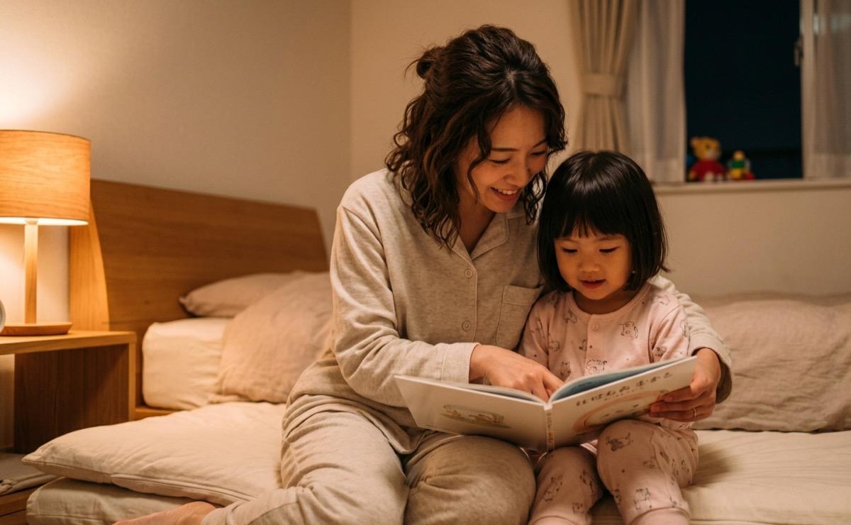 お子さまに絵本を読み聞かせる保護者の様子