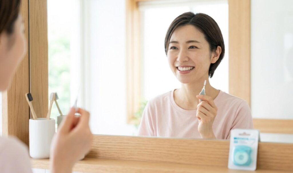健康な歯を見せて笑顔を浮かべる女性の様子
