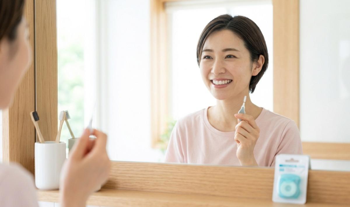健康な歯を見せて笑顔を浮かべる女性の様子