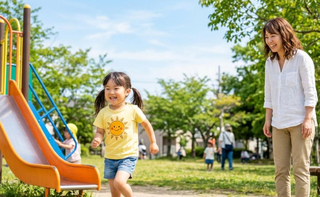 屋外で笑顔で過ごす親子の様子