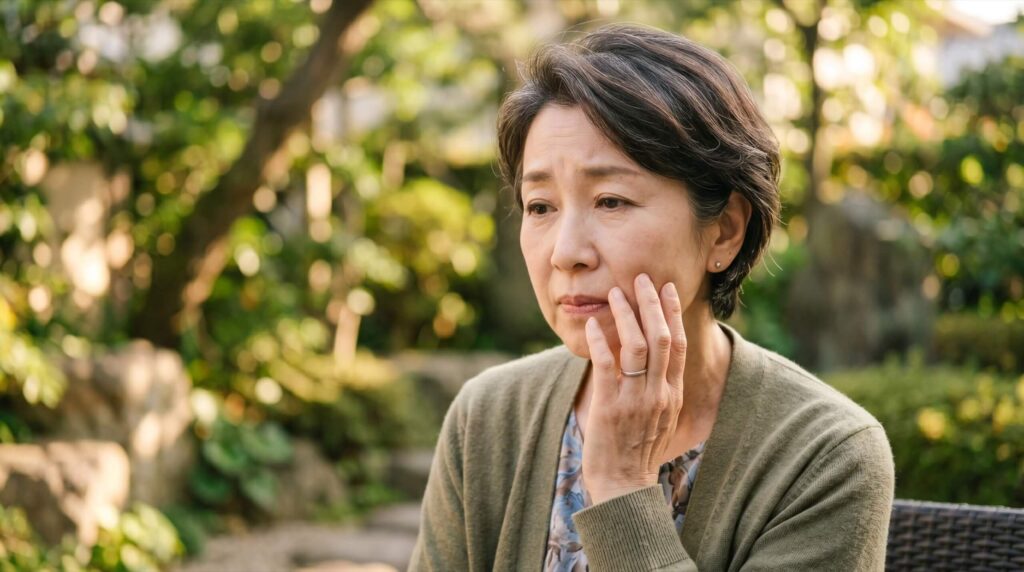 歯の痛みに頬へ手を当てる女性の様子
