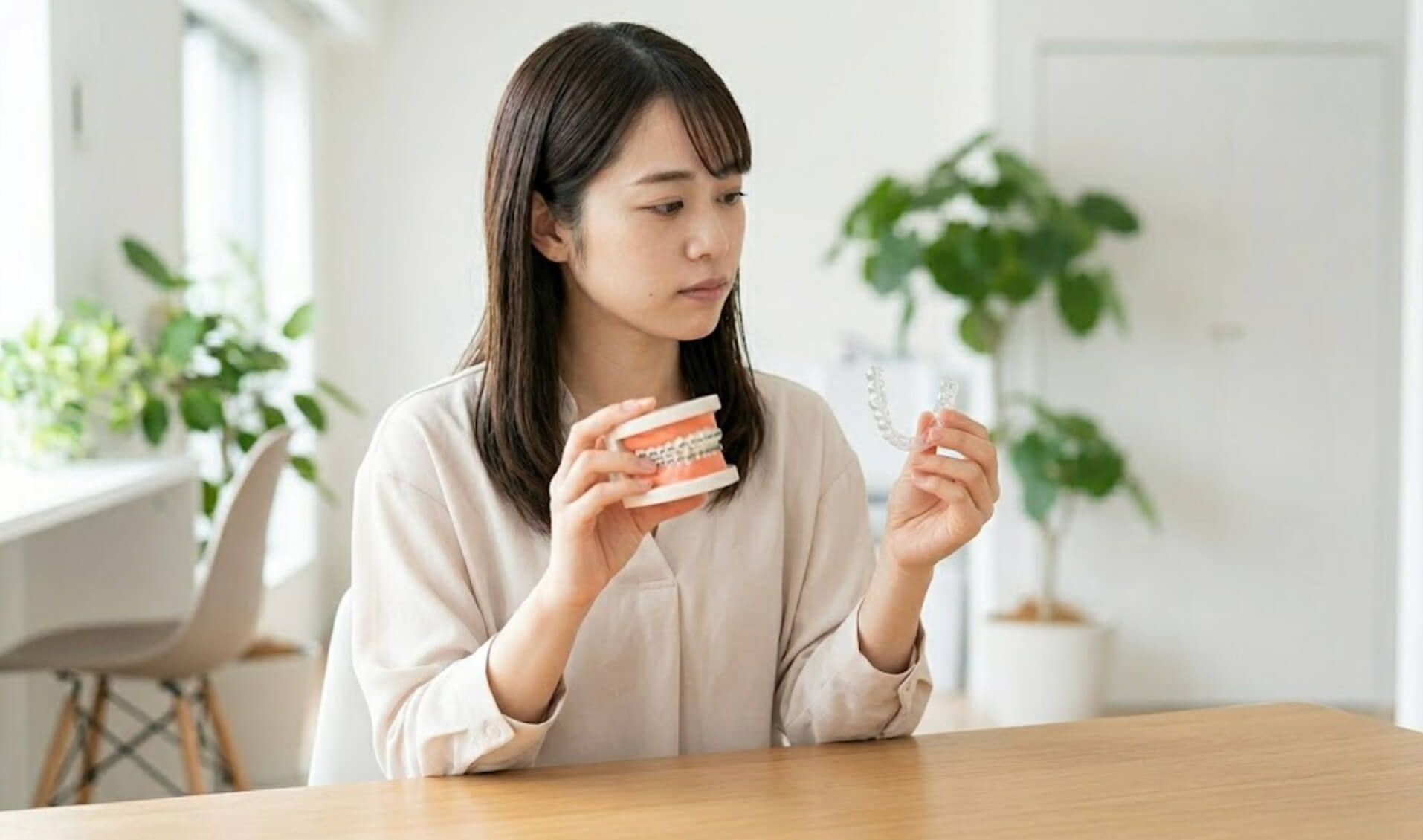 ワイヤー矯正とマウスピース矯正の模型を見比べる女性の様子