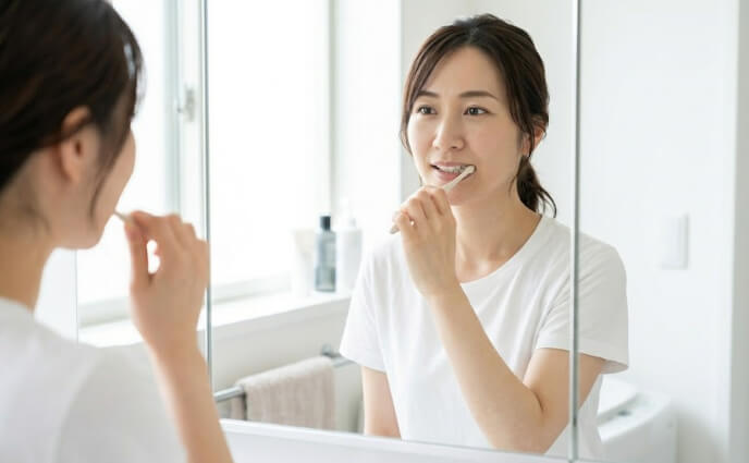 清潔感のあるバスルームで、力を入れずやさしく歯磨きをする20代女性。