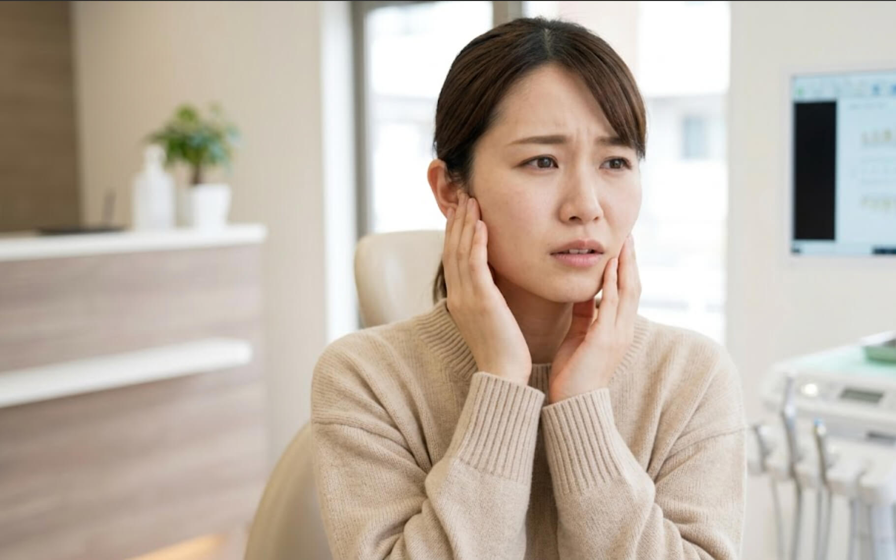 歯科医院で、親知らずの炎症による関連痛で耳と頬を抑えて悩む日本人女性の様子