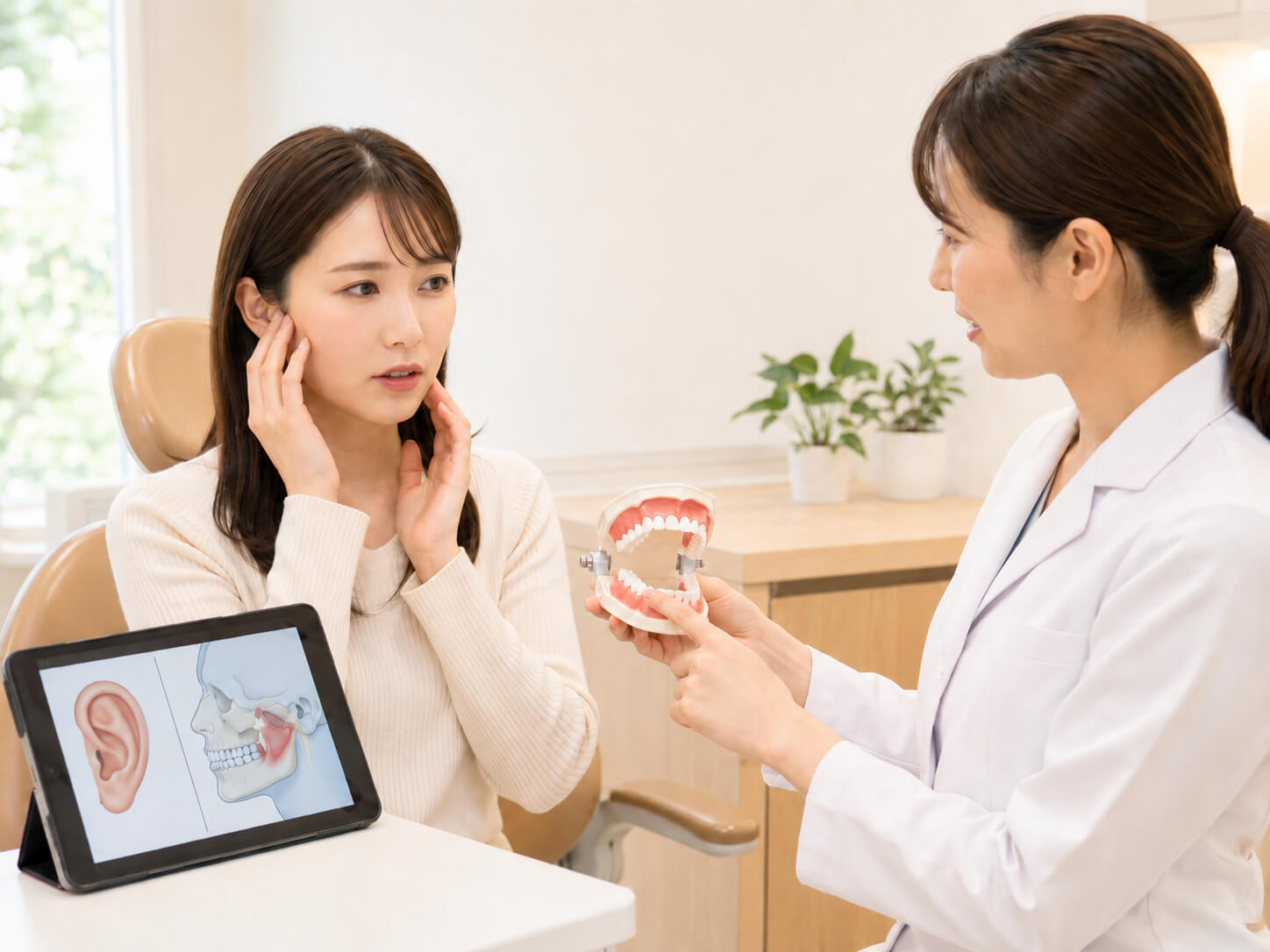親知らずと耳の痛みについて歯科医師に相談する女性の様子